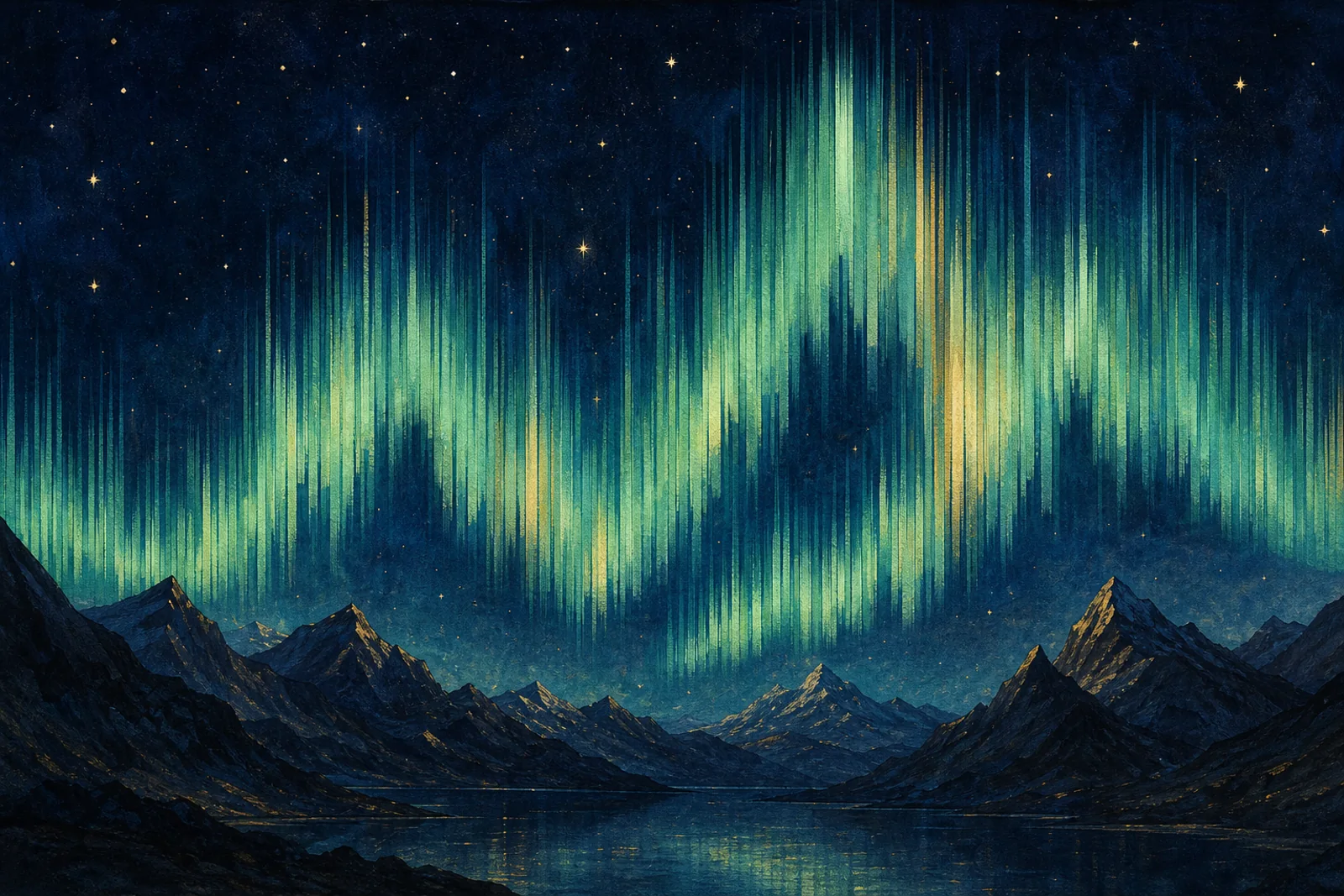 An aurora rendered as a sound spectrum over dark mountains