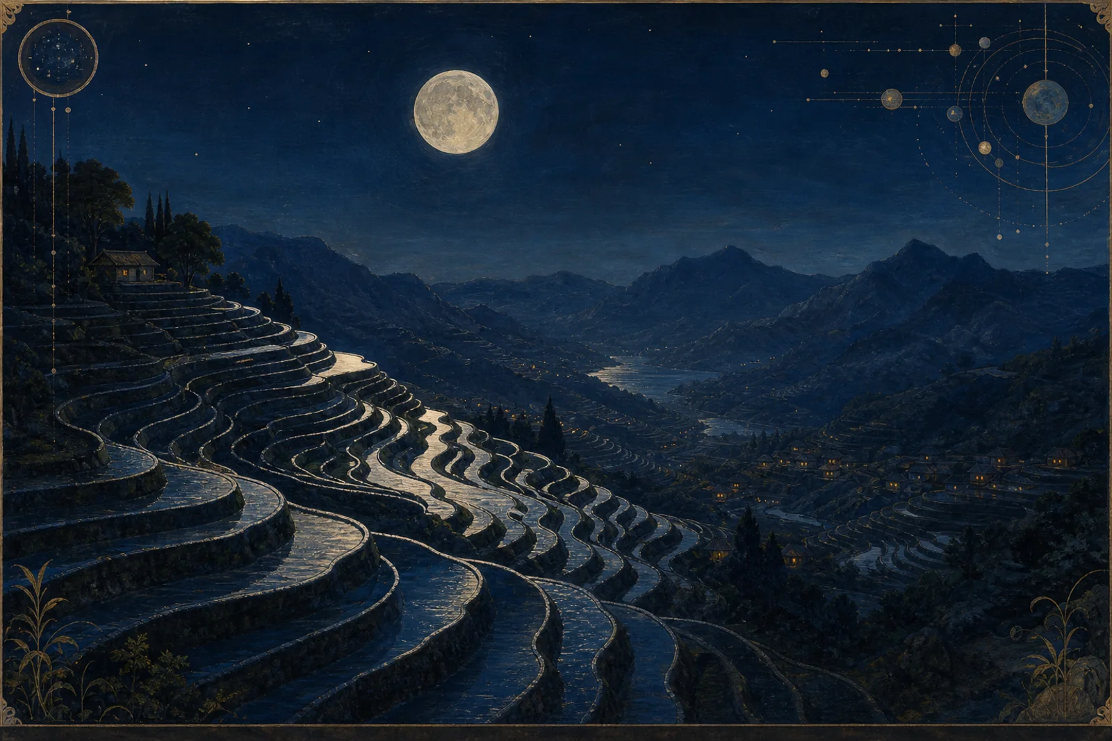 Moonlit terraces shaped like waveforms