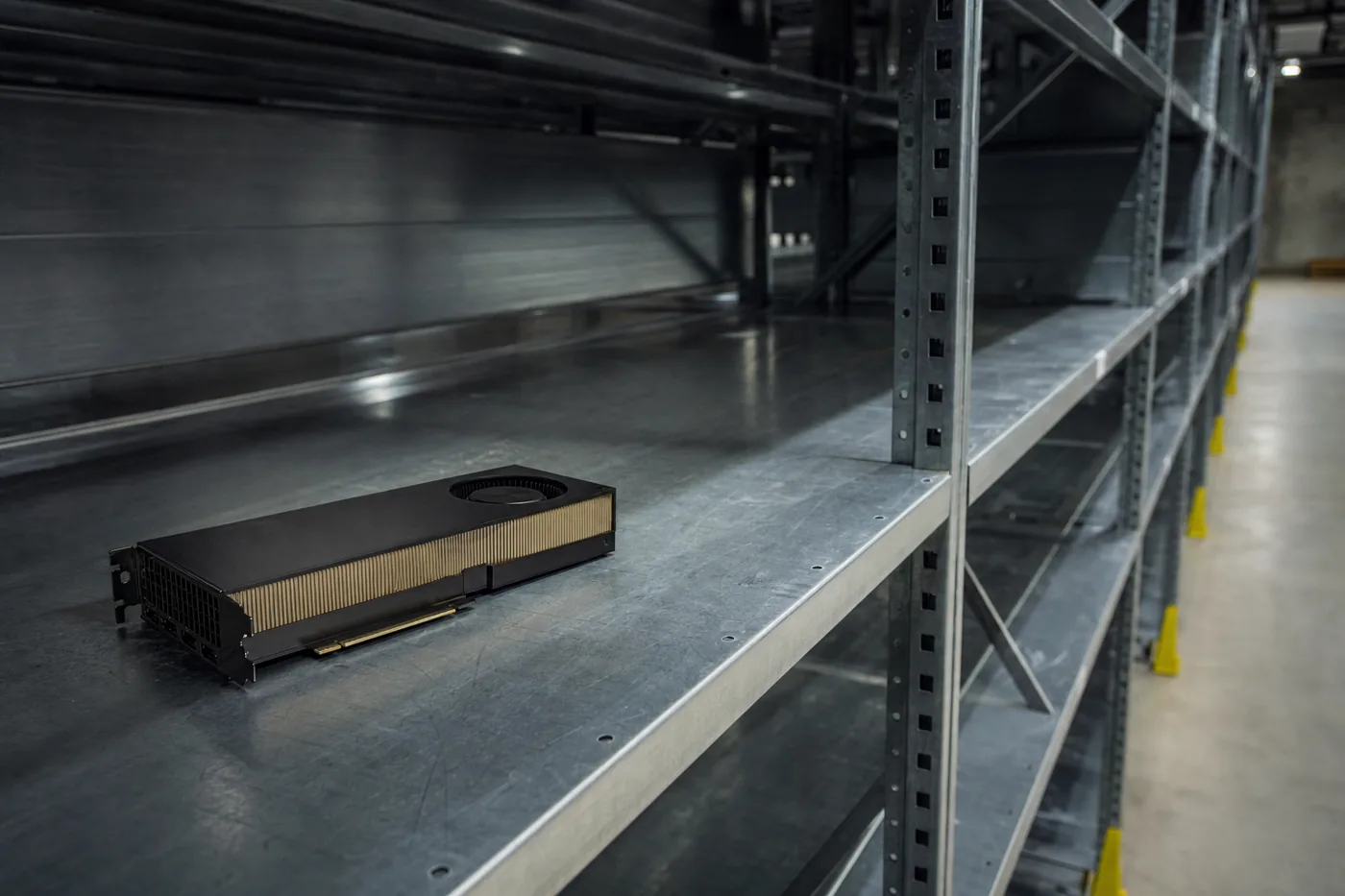 A single NVIDIA H100 GPU alone on near-empty warehouse shelves