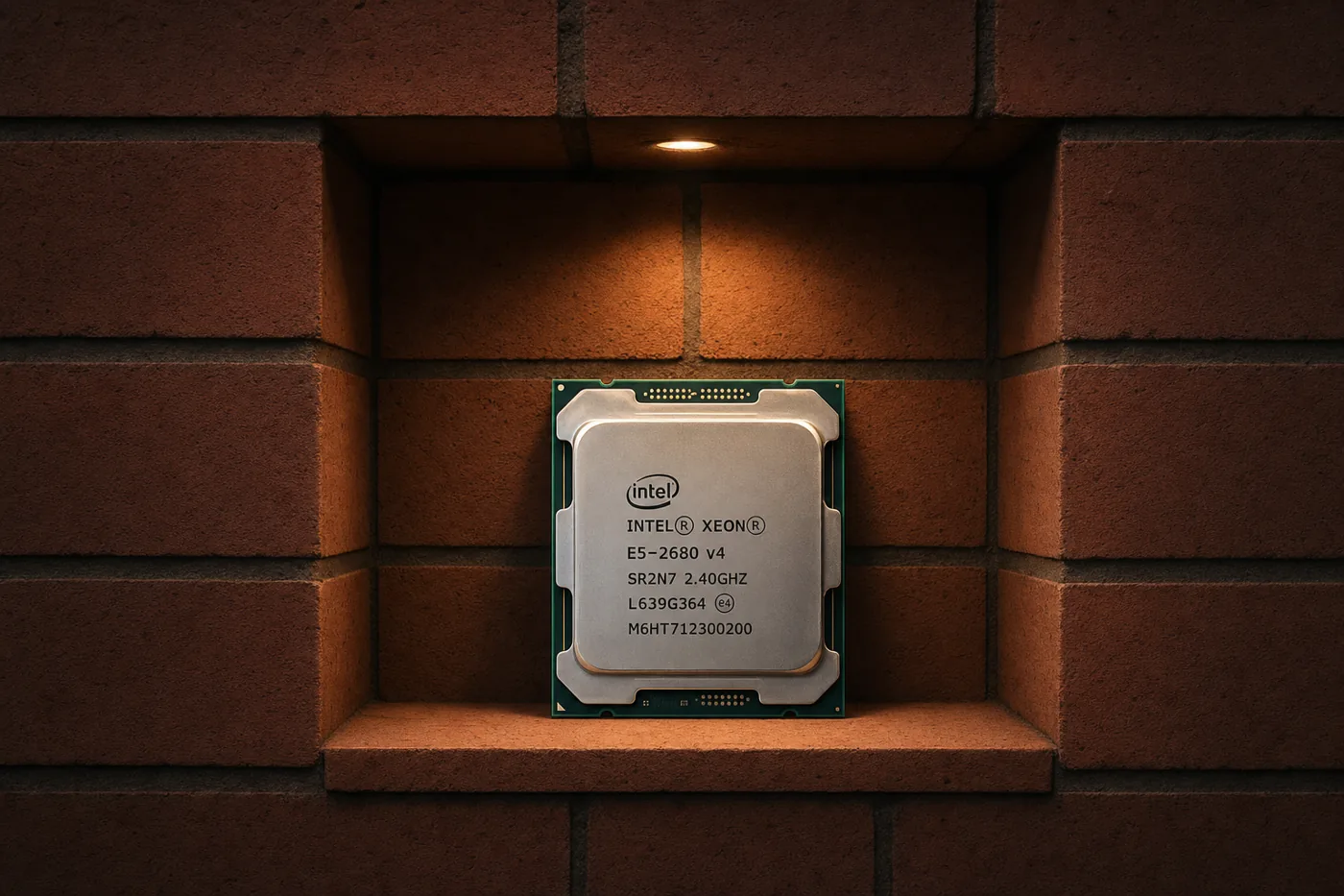 A real Intel Xeon CPU displayed in a lit recessed brick niche
