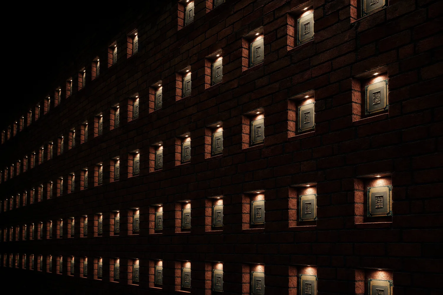 A vast wall of brick niches each cradling a lit Intel Xeon CPU